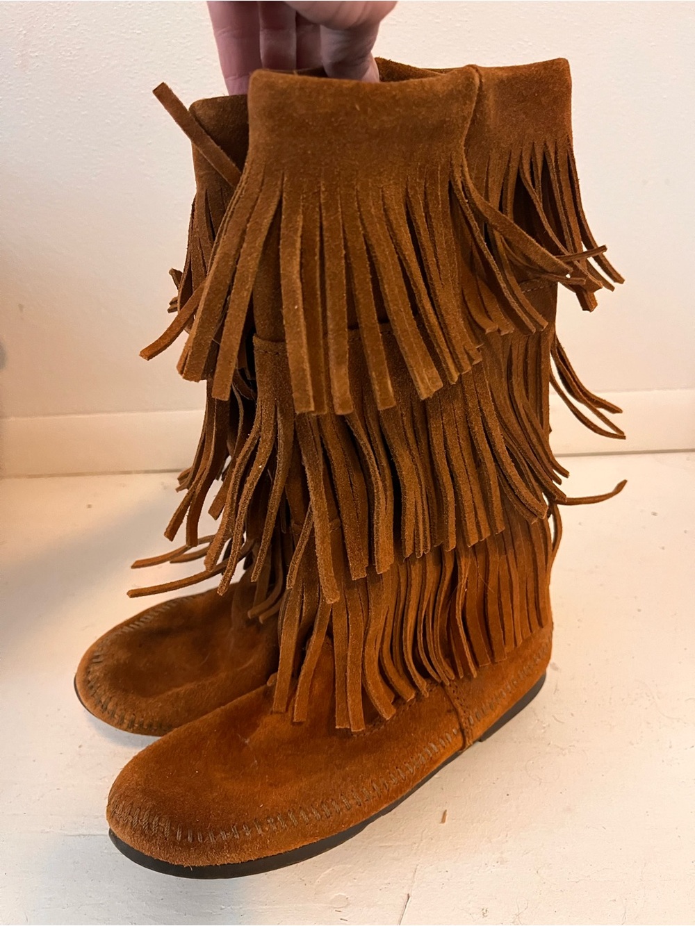 Minnetonka Triple Fringe Suede Boots - Chestnut Brown
